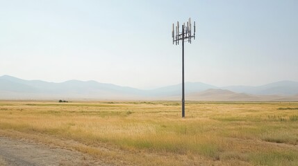 Poster - A close-up of a telecommunication tower standing in an expansive open field with an empty backdrop for copy.