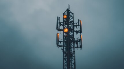 Poster - A close-up shot of a telecommunication tower with visible details, surrounded by a neutral, empty sky for text or design.