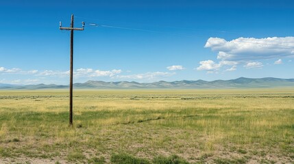 Poster - A close-up view of a signal pole with communication equipment, standing in an empty, wide field.