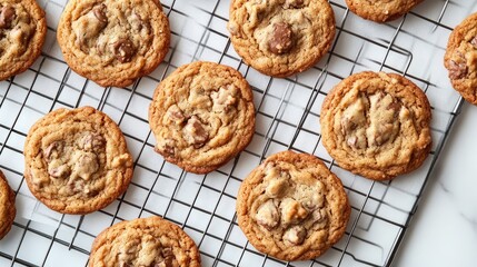 Poster - A fresh batch of warm cookies on a wire cooling rack, parchment paper underneath, and a neutral background for marketing design.