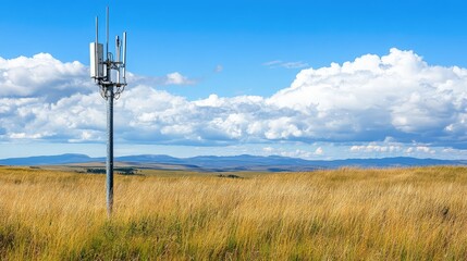 Poster - A signal pole with antennas standing tall in the middle of a vast open field with room for text.