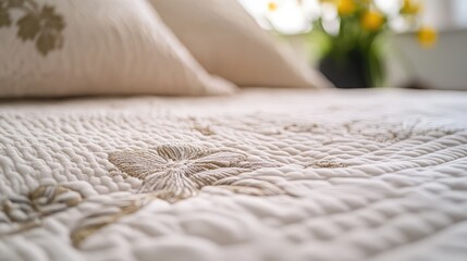 Poster - A soft pastel-colored bedspread with delicate floral patterns, neatly placed on a soft mattress with empty space surrounding it.