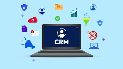 Poster - CRM on the laptop screen 4k animation with floating infographics. Customer relationship management, business, finance, goals, secure, leads