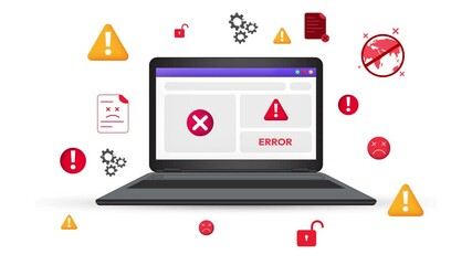 Poster - Errors and virus attacks on the laptop screen 4k animation with floating warning signs. Hacking, error, attempt