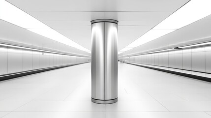 Poster - A wide shot of a massive steel column in an industrial building, surrounded by open, empty space for text or branding.