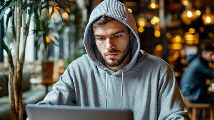 Poster - Focused Freelancer: A young man, engrossed in his work, hunches over a laptop in a bustling cafe, illuminated by ambient indoor lighting, capturing a moment of intense focus and concentration.