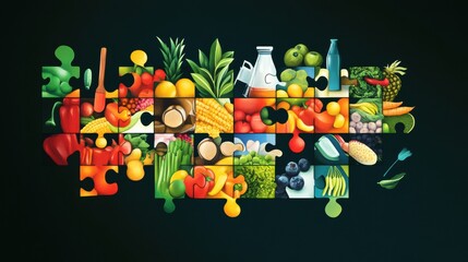 Aufkleber - Fresh groceries form a vibrant puzzle reflecting a complete shopping experience with modern colors and diverse produce throughout