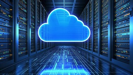 Poster - Cloud Computing in Data Center: A futuristic image depicts a digital cloud emerging from a server room, symbolizing the concepts of cloud computing and data storage.