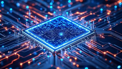 Poster - Tech's Core: A detailed, close-up view of a glowing CPU on a circuit board, illustrating modern technology and the digital world. The image showcases the intricate details of the integrated circuit.