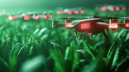 Aufkleber - Futuristic drones scan crops in a green agricultural field with glowing sensors for advanced farming technology