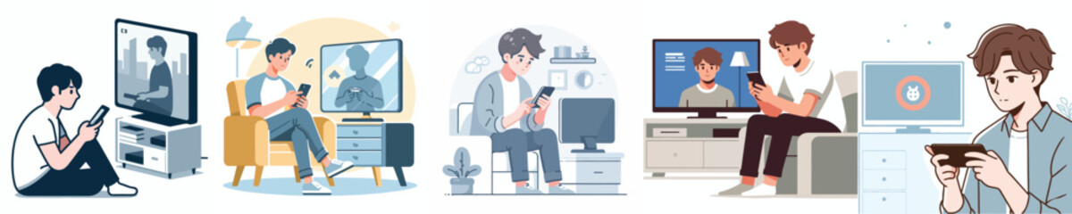 young man using smartphone in front of television
