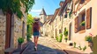 © Munny - Professional Female Tourist Descending Cobblestone Alley in Villa Environment