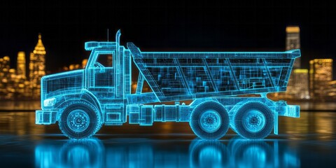 Holographic wireframe dump truck against a cityscape background
