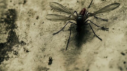 Grunge Mosquito Closeup Insect on Dirty Wall.