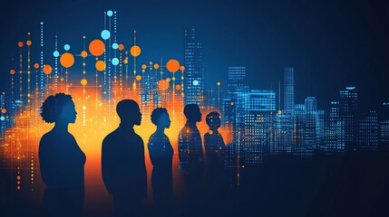 Poster - Diverse people silhouettes in front of a city skyline with abstract data visualization
