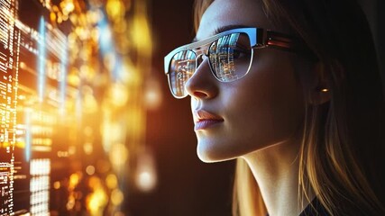 Poster - Technological Gaze: A woman wearing futuristic glasses, reflecting the digital world. with a glimpse of cutting-edge innovation, and immersive experiences
