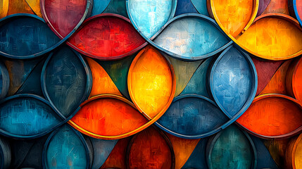 Fototapete - Vibrant Geometric Pattern of Overlapping Circular Shapes in Rich Reds, Blues, and Oranges