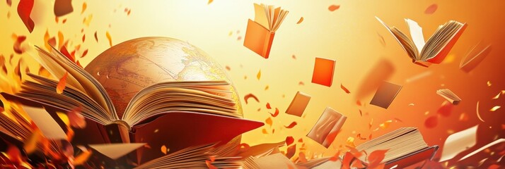 Poster - Creative educational background featuring a layered paper globe and flying books with warm inspiring tones
