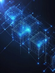 Fototapete - High-tech representation of a blockchain concept with layered paper cut style elements, interconnected nodes glowing in blue, emphasizing a digital future