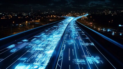 Poster - Futuristic Highway at Night with Illuminated Digital Overlay Showing Connectedness