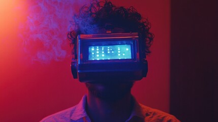 Poster - Man wearing futuristic VR headset with blue light and smoke effect in neon-lit room.