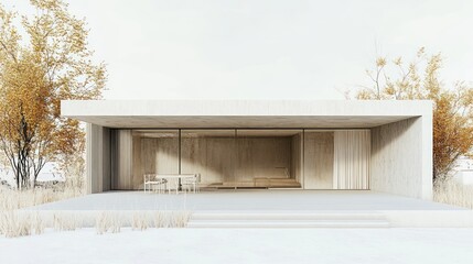 Poster - Minimalist concrete house with large glass windows and wooden interior, surrounded by autumn trees and tall grass.
