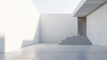 Fototapete - minimalist modern architecture, sunlight illuminates a white concrete staircase and open space.