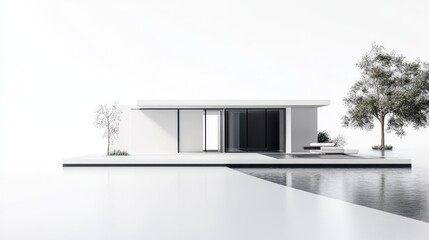Aufkleber - Minimalist modern house design with pool and trees.