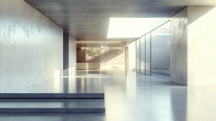 Aufkleber - Minimalist modern interior design with concrete walls, polished floor, and large window showcasing natural landscape.