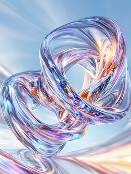 Abstract 3D Render of Intertwined Glass Rings with Pastel Colors Against a Sky Background
