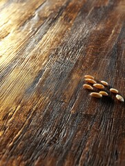 Poster - Close-up view of golden wheat grains on rustic wooden table with warm reflections and soft lighting for premium food concept