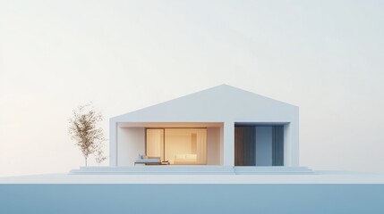 Poster - Minimalist white house architectural model with a tree and patio.