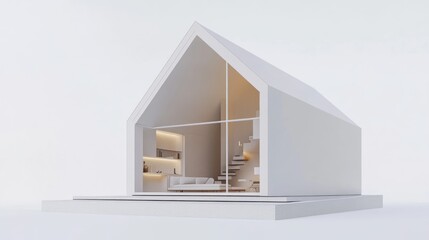 Aufkleber - Minimalist white house model with interior visible, showcasing open-plan living space, stairs, and large windows.