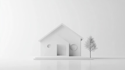 Aufkleber - Minimalist white house model with a small tree on a white background.