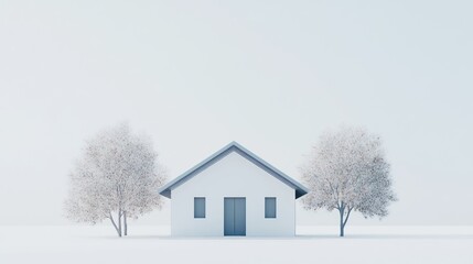 Aufkleber - Minimalist white house nestled between two trees in a snowy landscape.