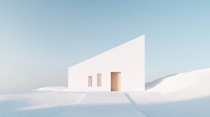Aufkleber - Minimalist white house on a snowy landscape.