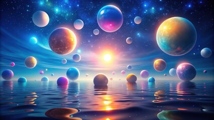 Wall Mural - Celestial Bodies Reflecting on a Tranquil, Ethereal Ocean at Sunset with Vibrant Colors and Glowing Stars