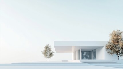 Aufkleber - Minimalist white modern house exterior with trees and steps.