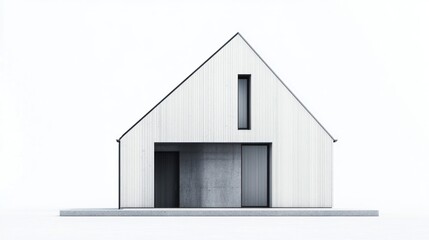 Aufkleber - Minimalist white wood house architectural model with a pitched roof, single window, and concrete base.