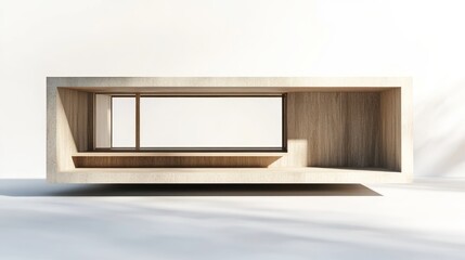 Poster - Minimalist wooden pavilion with open sides and a built-in bench, set against a white background.