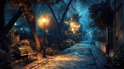 Aufkleber - misty night park path, lamplight illuminating a bench and trees.