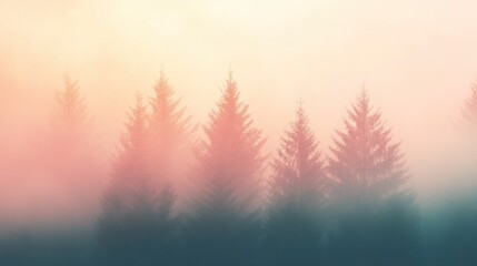 Poster - Misty sunrise in a coniferous forest, soft light, hazy, silhouettes of trees.