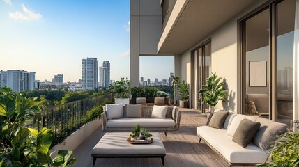 Poster - Modern apartment balcony with city view, comfortable seating, and lush greenery.