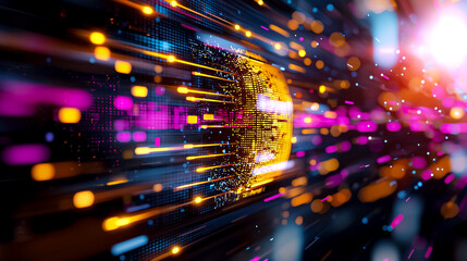 Fototapete - Abstract Digital Motion Blur Background with Vibrant Lights in Blue, Orange, Pink, and Yellow Hues
