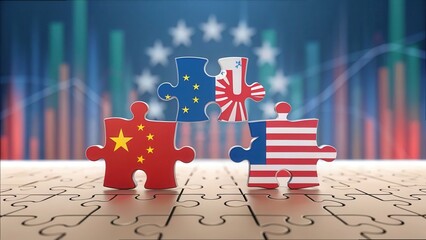 Aufkleber - Jigsaw Pieces Representing Global Economy with Flags and Graphs