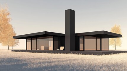 Aufkleber - Modern black house with large windows and chimney in a field.