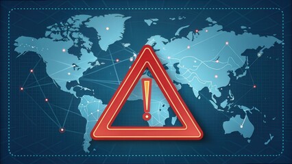 Poster - Warning Triangle Over a Digital Map of the World for Trade Context