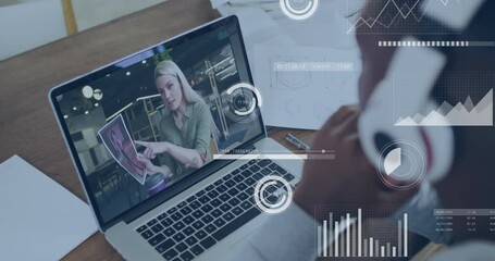 Poster - Video conferencing, person using laptop with digital data animation overlay
