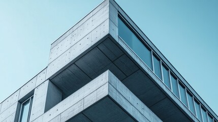 Poster - Modern concrete building architectural detail against a clear blue sky.