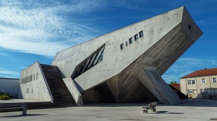 Poster - Modern concrete building with angular design, stairs, and benches under a blue sky.